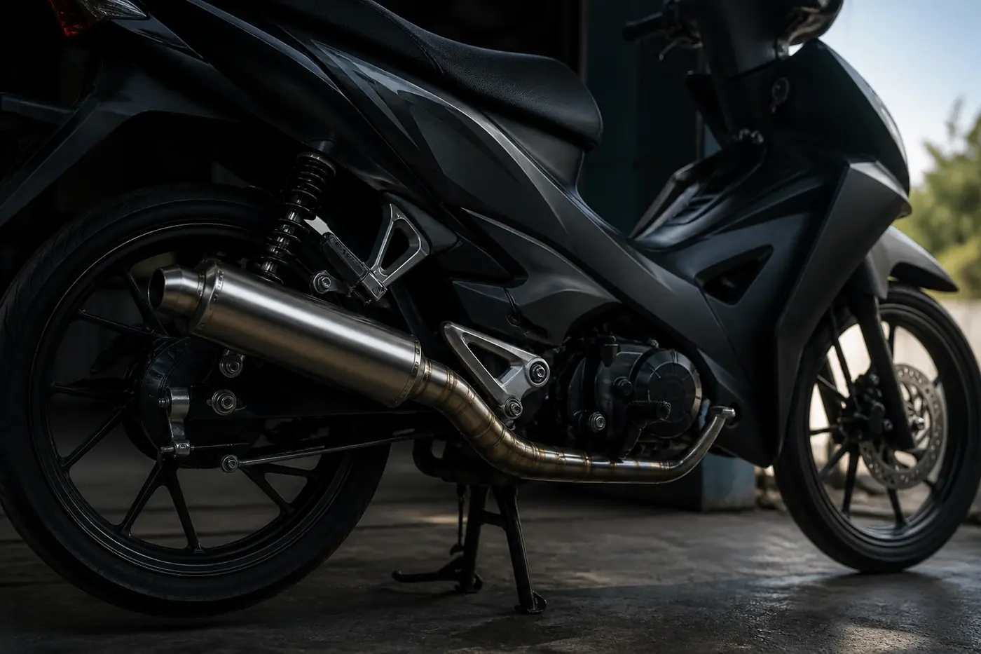 Ilustrasi knalpot terpasang pada motor underbone